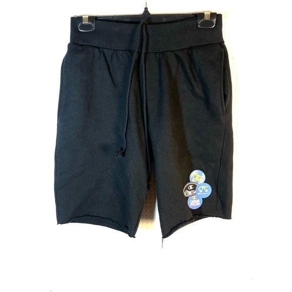 Champion Black S Reverse Weave Cut Off Fleece Sweat Shorts Earth Logo Drawstring - Picture 1 of 7